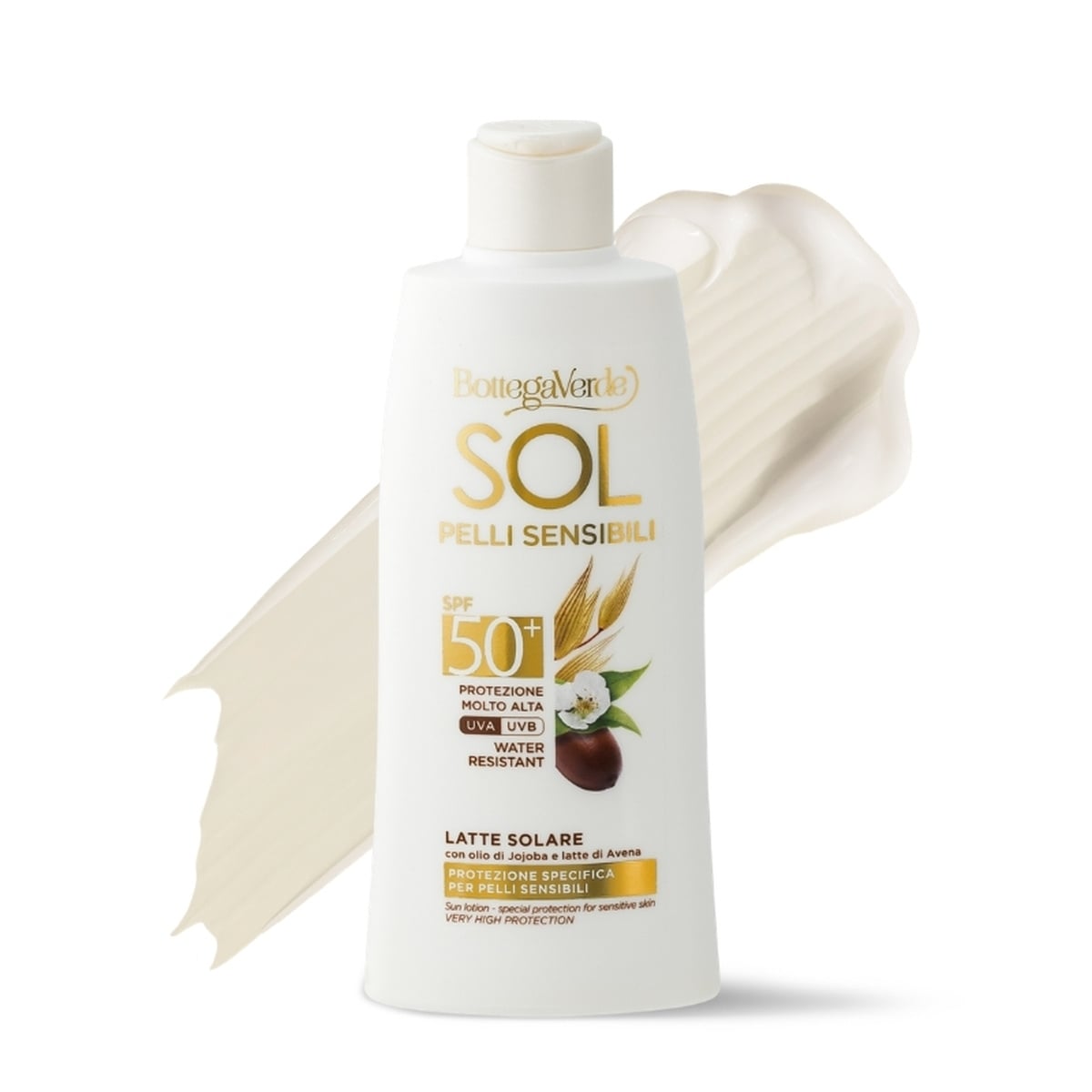 SOL pieles sensibles - Leche solar - protecci&oacute;n espec&iacute;fica para pieles sensibles - con aceite de Jojoba y leche de Avena - protecci&oacute;n muy alta SPF50+ (200 ml) - resistente al agua
