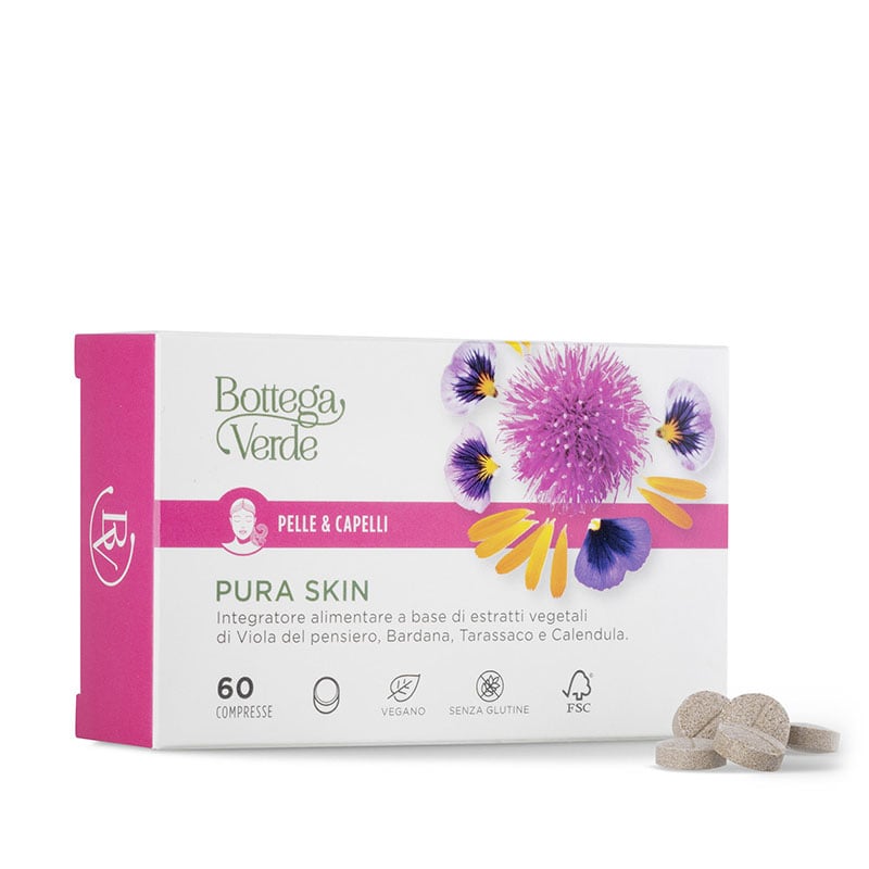 Pelle & capelli - Pura skin - Integratore alimentare a base di estratti vegetali di Viola del pensiero, Bardana, Tarassaco e Calendula (60 compresse)