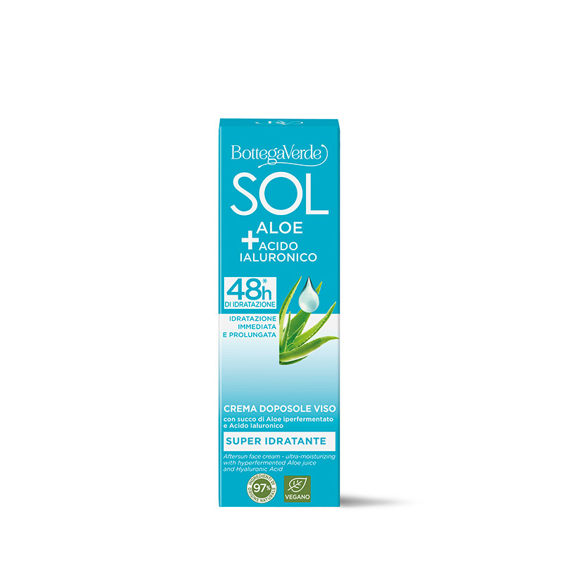 SOL Aloe Acido Ialuronico - Crema doposole viso - super idratante - con succo di Aloe iperfermentato e Acido Ialuronico - 48h* di idratazione - idratazione immediata e prolungata