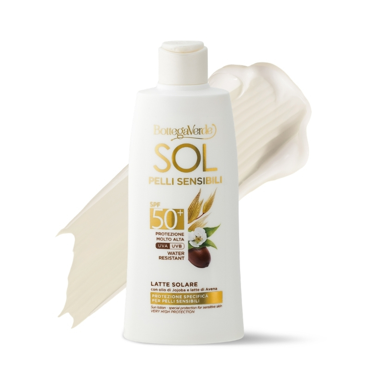 SOL pieles sensibles - Leche solar - protecci&oacute;n espec&iacute;fica para pieles sensibles - con aceite de Jojoba y leche de Avena - protecci&oacute;n muy alta SPF50+ (200 ml) - resistente al agua