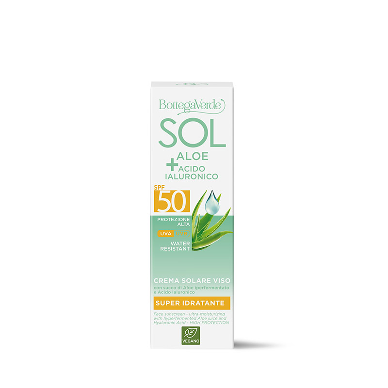 Crema solar facial - superhidratante - con zumo de Aloe hiperfermentado y Ácido Hialurónico - protección alta SPF50 (50 ml) - resistente al agua