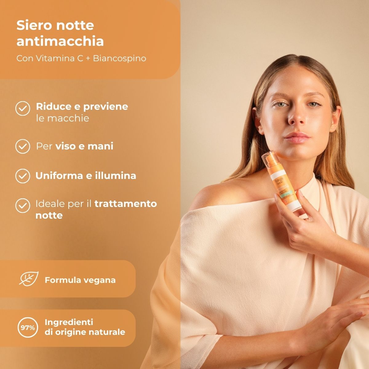 Vitamina C + Biancospino - Siero notte viso e mani - antimacchia - con Vitamina C, Biancospino e Cybright - riduce e previene le macchie