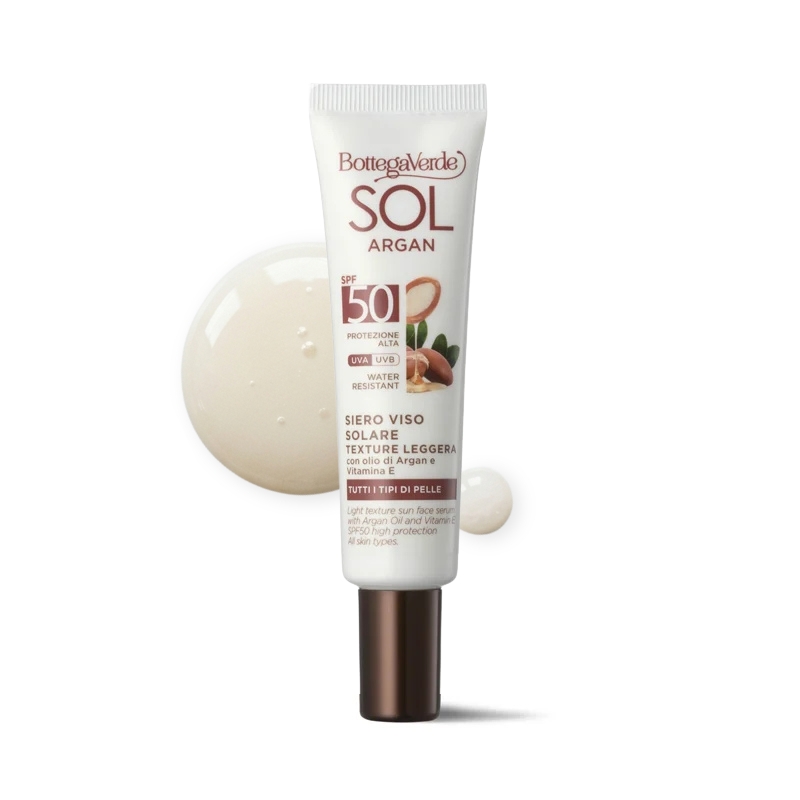 SOL Argan - Siero solare viso - texture leggera - con olio di Argan e Vitamina E - SPF50 protezione alta - water resistant - tutti i tipi di pelle