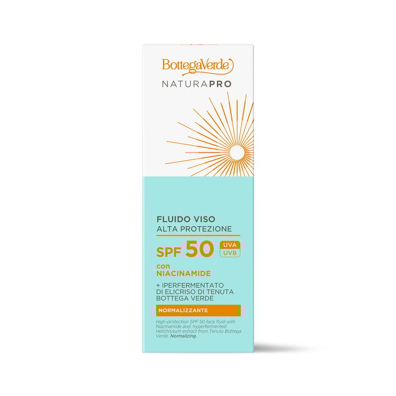 High-protection SPF 50 face fluid - with Niacinamide and hyperfermented Helichrysum extract from Tenuta Bottega Verde. Normalizing (25 ml) - combination and oily skin