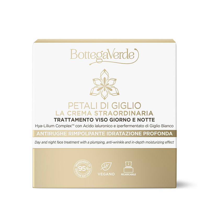 An extraordinary cream - Day and night face treatment - plumping, anti-wrinkle and in-depth moisturizing effect - Hya-Lilium Complex¿ with Hyaluronic Acid with 4 molecular weights and hyperfermented extract of White Lily from Tenuta Bottega Verde (50 ml) - all skin types