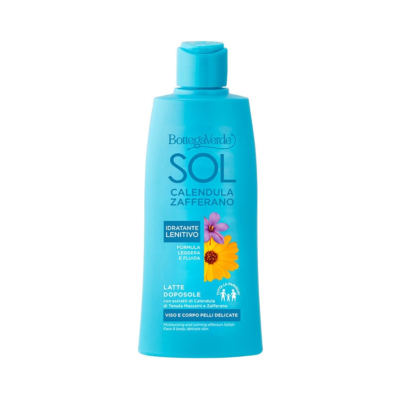 SOL Calendula Zafferano - Leche aftersun - cara y cuerpo - pieles delicadas - toda la familia* - con extractos de Caléndula de Tenuta Massaini y Azafrán - hidratante calmante - Fórmula ligera y fluida (200 ml)