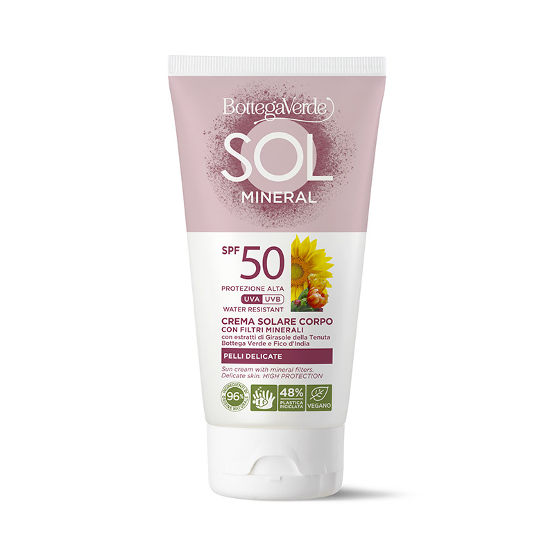 Bottega Verde SOL Mineral - Crema solare con filtri minerali - corpo - pelli delicate - con estratti di Girasole della Tenuta Bottega Verde e Fico d'India - protezione alta SPF50 - water resistant