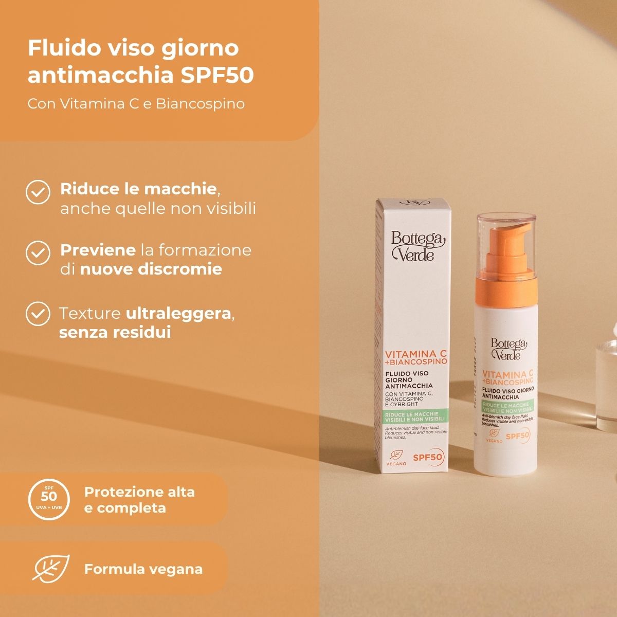 Vitamina C + Biancospino - Fluido viso giorno antimacchia SPF50 - con Vitamina C, Biancospino e Cybright - riduce le macchie visibili e non visibili