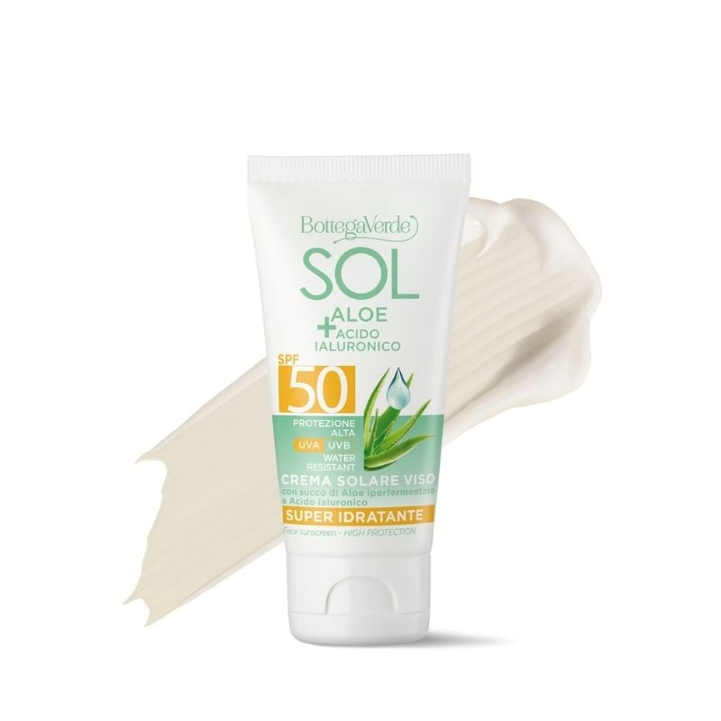 Crema solar facial - superhidratante - con zumo de Aloe hiperfermentado y Ácido Hialurónico - protección alta SPF50 (50 ml) - resistente al agua