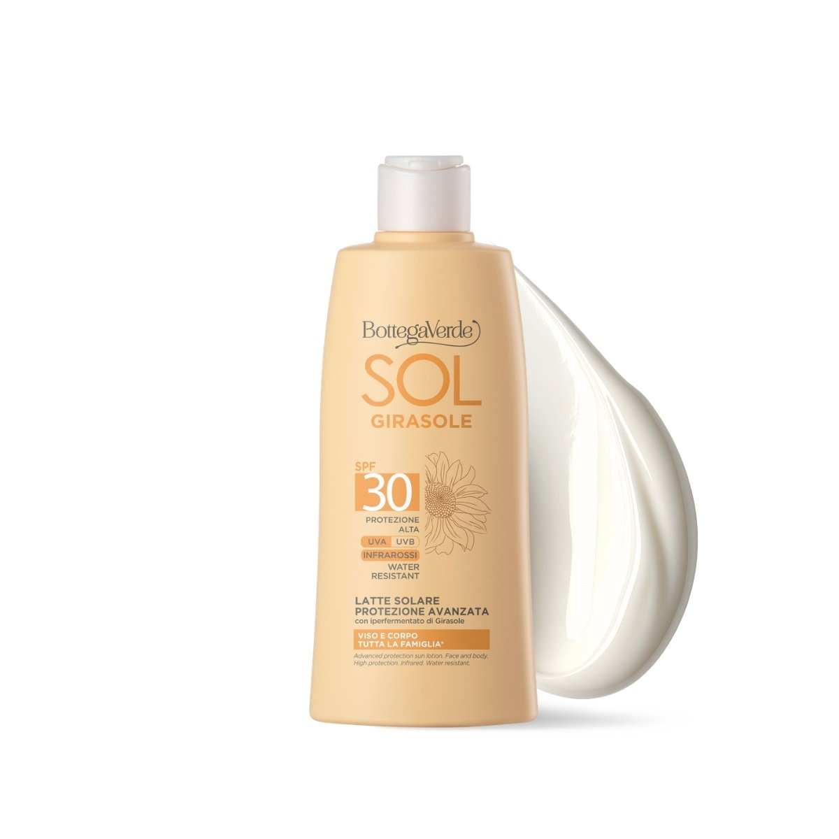 Leche solar protecci&oacute;n avanzada - rostro y cuerpo - con hiperfermentado de Girasol de la finca Tenuta Bottega Verde (200 ml) - PROTECCI&Oacute;N ALTA SPF30 - INFRARROJOS - RESISTENTE AL AGUA