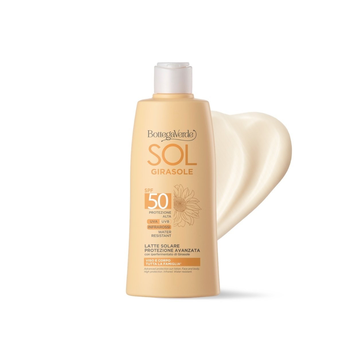 Leche solar - protecci&oacute;n avanzada - rostro y cuerpo - con hiperfermentado de Girasol de la finca Tenuta Bottega Verde (200 ml) - PROTECCI&Oacute;N ALTA SPF50 - INFRARROJOS - RESISTENTE AL AGUA