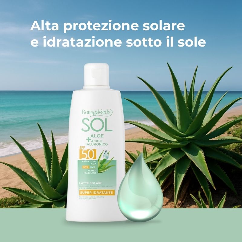 SOL Aloe Acido Ialuronico - Latte solare - super idratante - con succo di Aloe iperfermentato e Acido Ialuronico - protezione alta SPF50 - water resistant