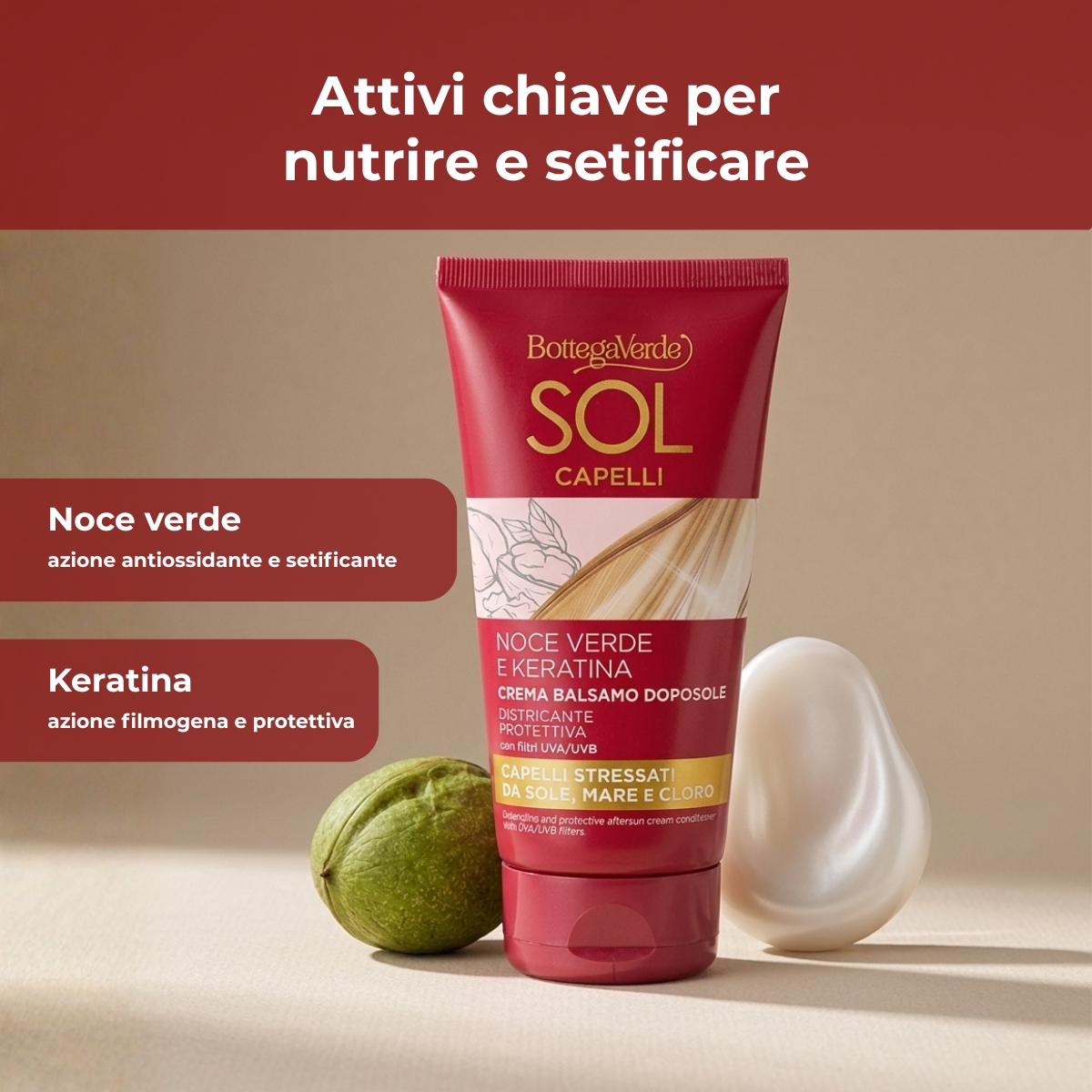 Sol Capelli - Noce verde e Keratina - Crema balsamo doposole - districante protettiva - con olio di Noce verde e Keratina - con filtro UVA/UVB - capelli stressati da sole, mare e cloro