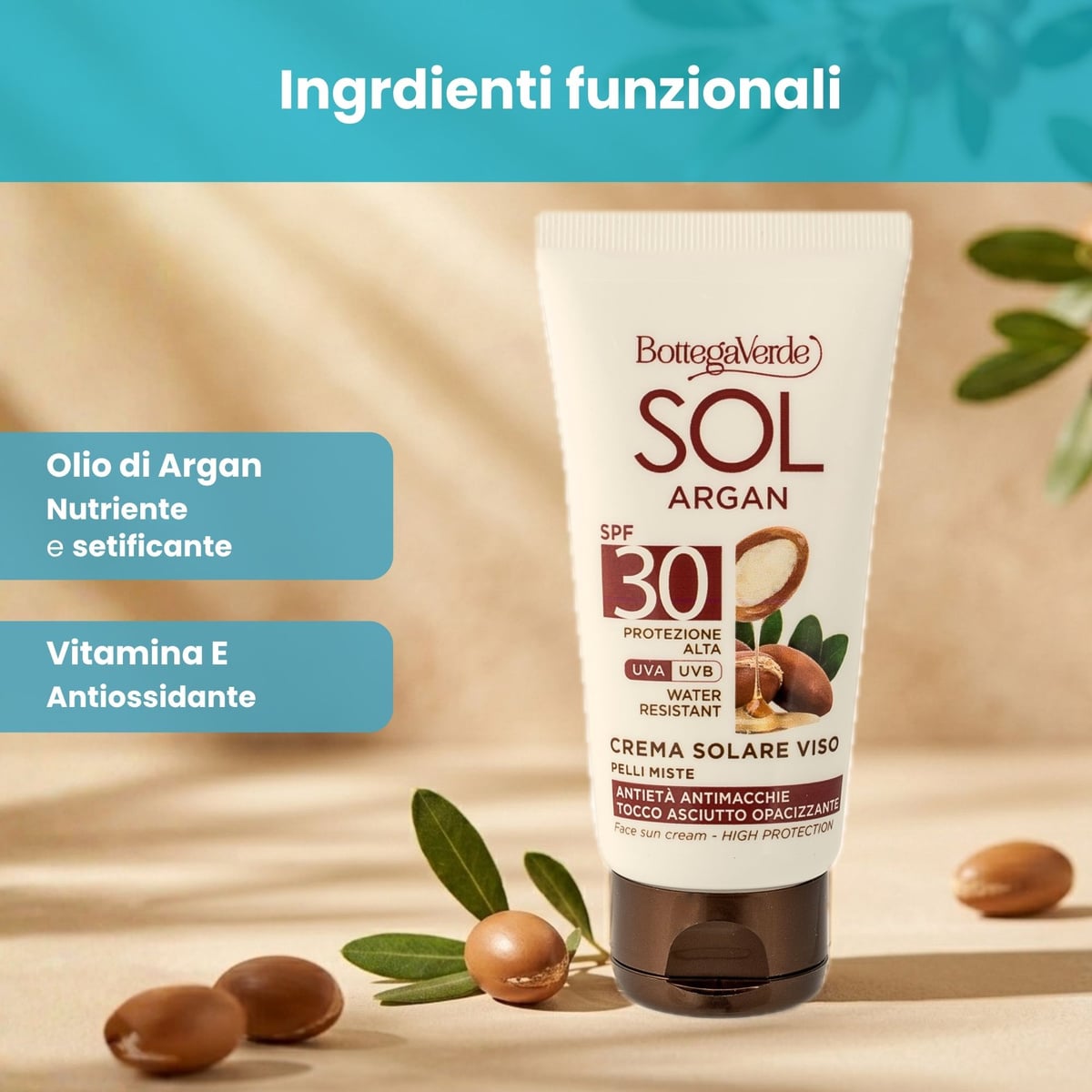 SOL Argan - Crema solare viso - antiet&agrave; antimacchie '' tocco asciutto opacizzante - con olio di Argan e Vitamina E - SPF30 protezione alta - water resistant - pelli miste