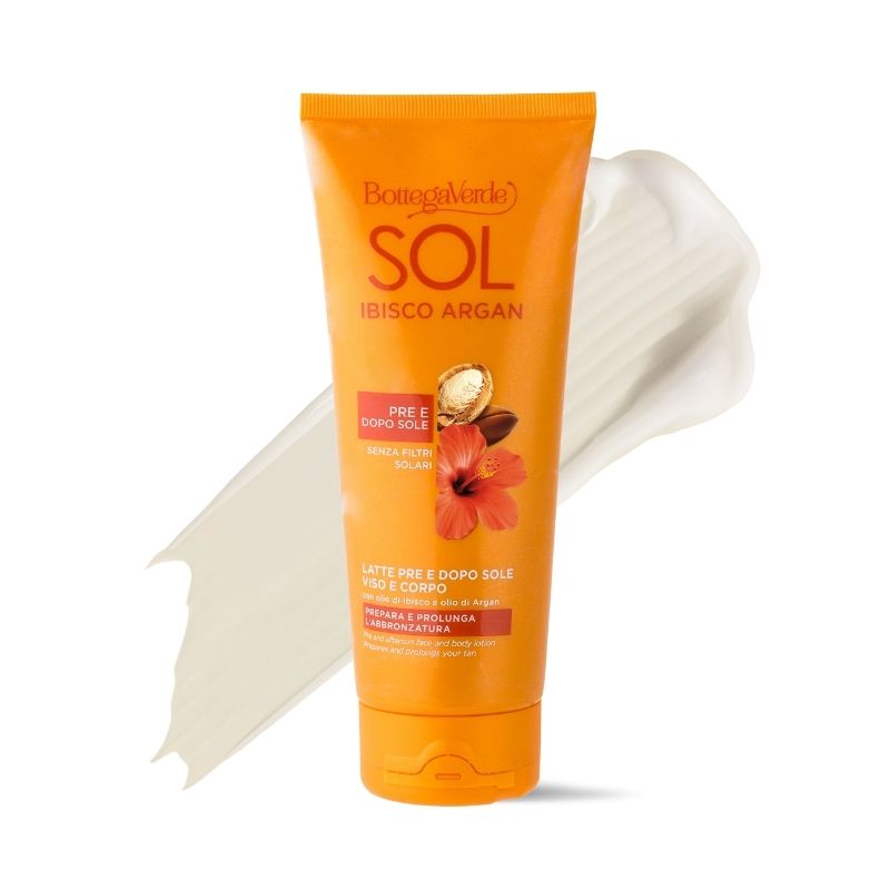 SOL Ibisco Argan - Latte pre e dopo sole - viso e corpo - prepara e prolunga l'abbronzatura - con olio di Ibisco e olio di Argan - pre e dopo sole - senza filtri solari