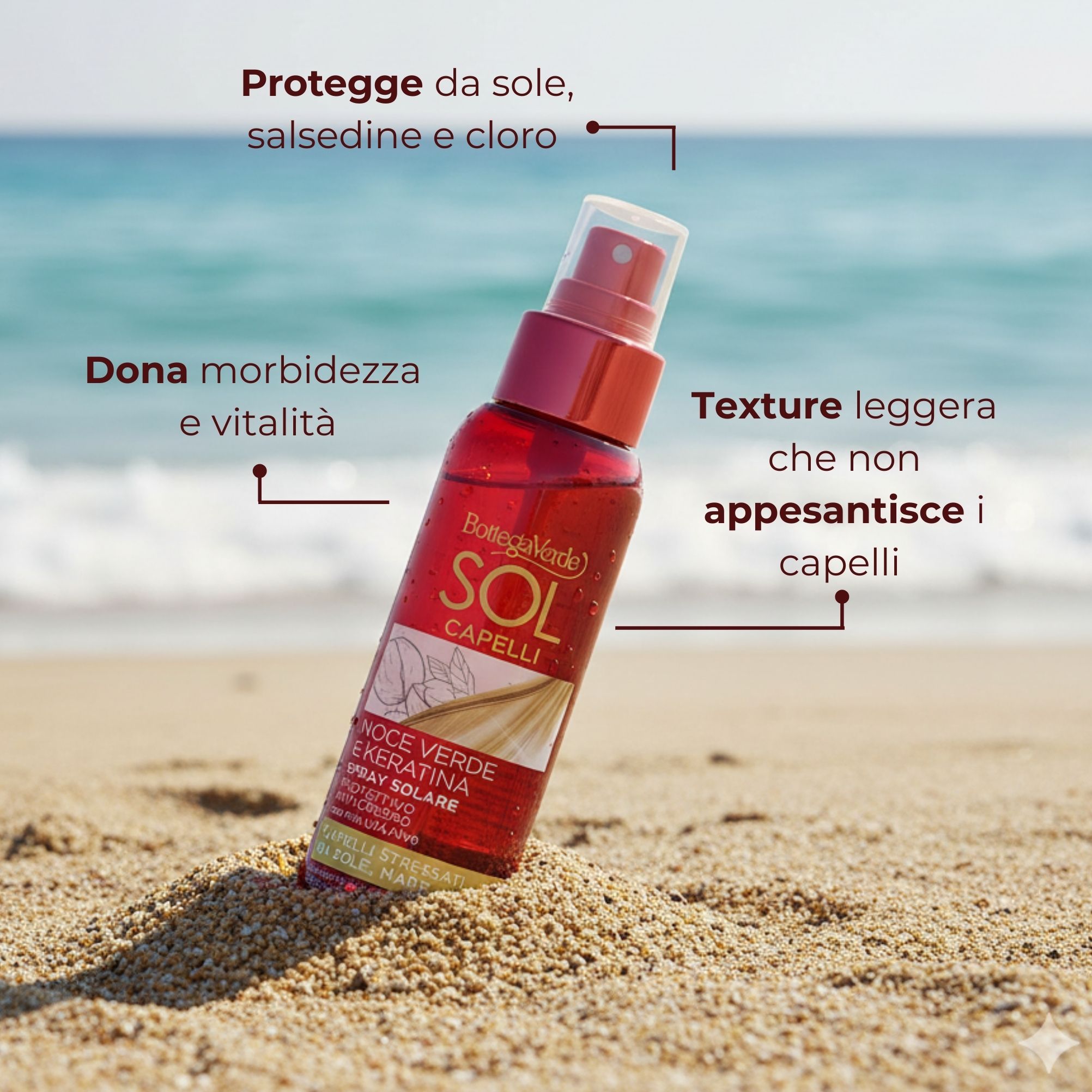 Sol Capelli - Noce verde e Keratina - Spray solare - protettivo anti-crespo - con olio di Noce verde e Keratina - con filtro UVA/UVB - capelli stressati da sole, mare e cloro