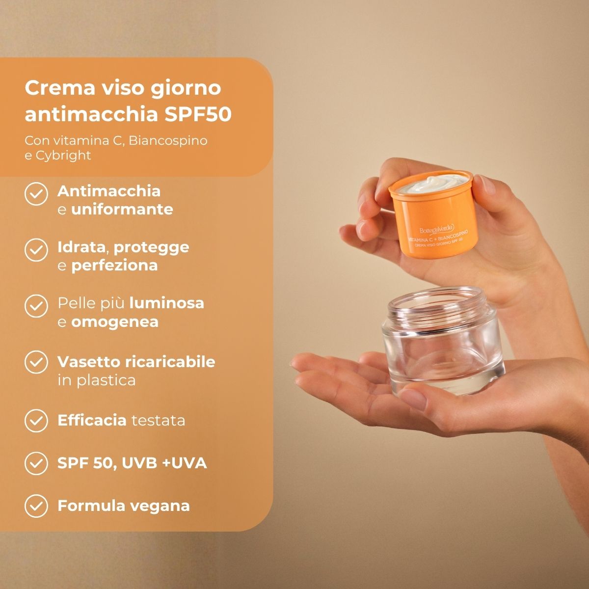 Vitamina C + Biancospino - Ricarica Crema viso giorno idratante antimacchia SPF50 - con Vitamina C, Biancospino e Cybright - riduce l'intensit&agrave; delle macchie