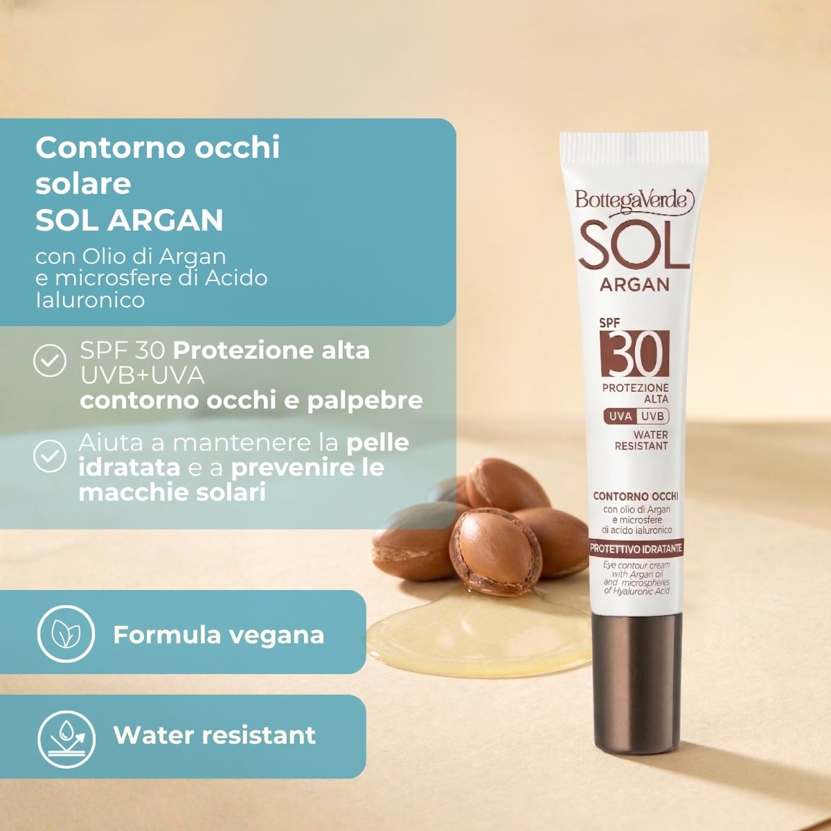 SOL Argan - Contorno occhi - protettivo idratante - con olio di Argan e microsfere di acido Ialuronico - SPF30 protezione alta - water resistant