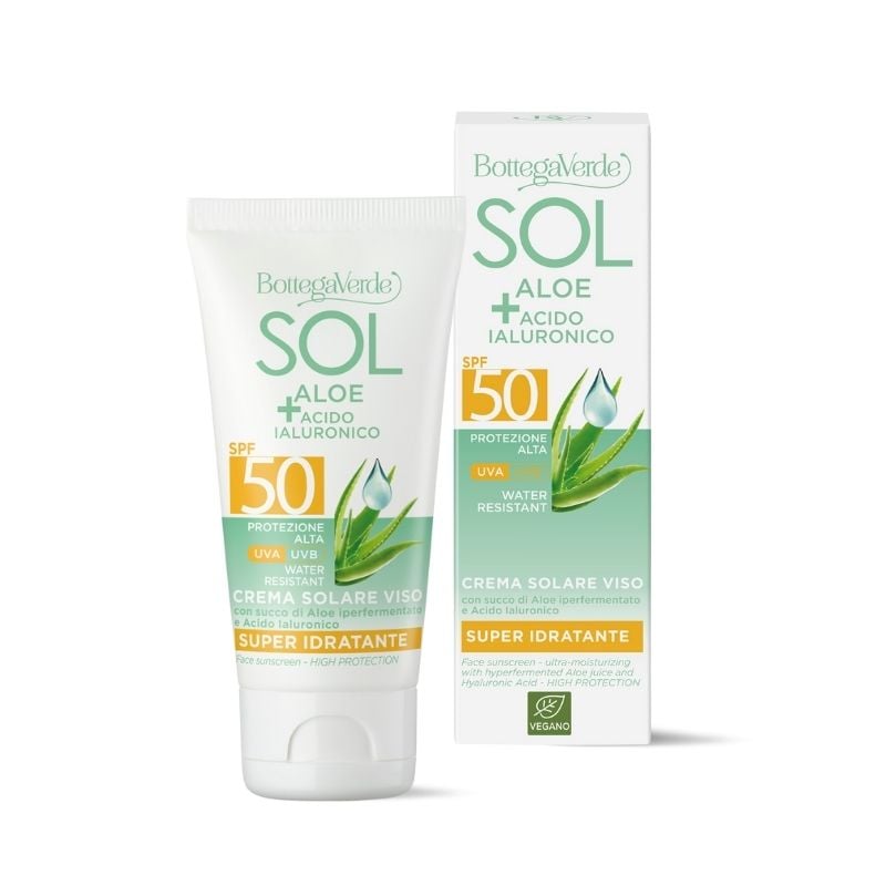 SOL Aloe Acido Ialuronico - Crema solare viso - super idratante - con succo di Aloe iperfermentato e Acido Ialuronico - protezione alta SPF50 - water resistant