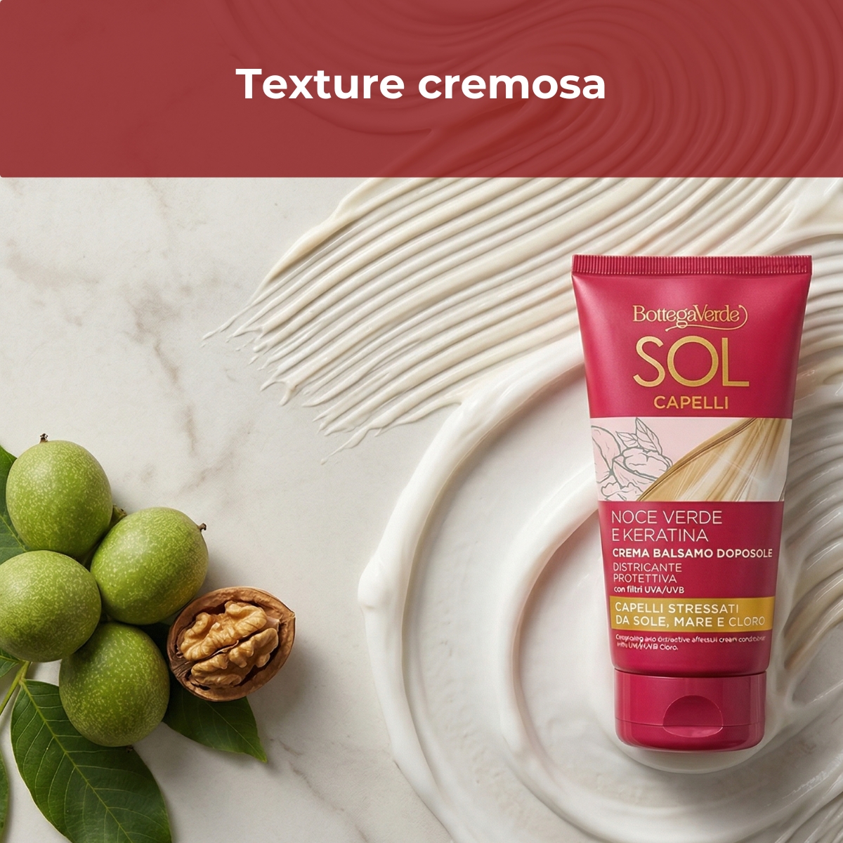 Sol Capelli - Noce verde e Keratina - Crema balsamo doposole - districante protettiva - con olio di Noce verde e Keratina - con filtro UVA/UVB - capelli stressati da sole, mare e cloro