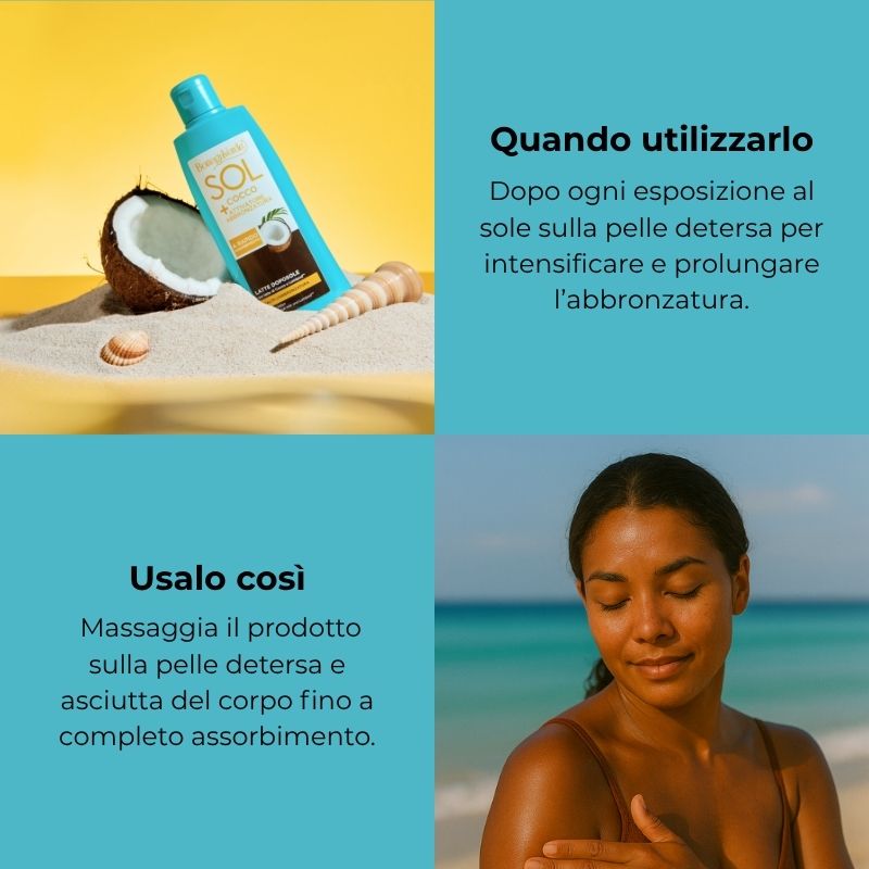 SOL Cocco + Attivatore di abbronzatura - Latte doposole - a rapido assorbimento - con latte di Cocco e Lumipod<TM/> - esalta  l'abbronzatura