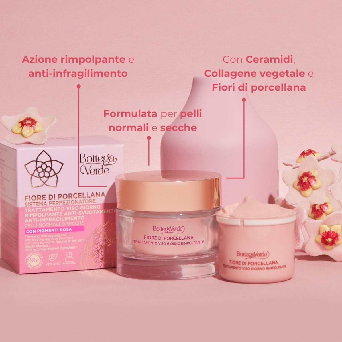Fiore di Porcellana - Sistema perfezionatore - Trattamento viso giorno - rimpolpante  anti-svuotamento e anti-infragilimento - con pigmenti rosa - con Ceramidi vegetali, Collagene vegetale da Acacia e Fiore di Porcellana - pelli normali o secche