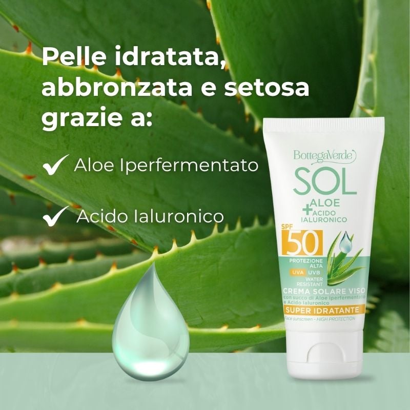 SOL Aloe Acido Ialuronico - Crema solare viso - super idratante - con succo di Aloe iperfermentato e Acido Ialuronico - protezione alta SPF50 - water resistant