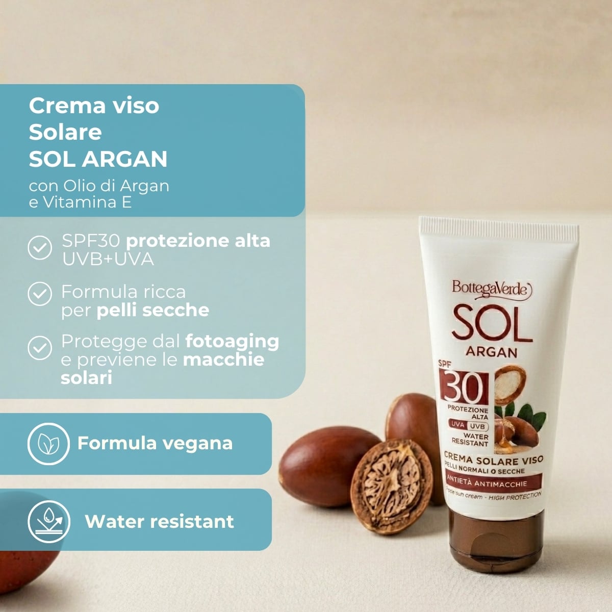 SOL Argan - Crema solare viso - antiet&agrave; antimacchie - con olio di Argan e Vitamina E - SPF30 protezione alta - water resistant - pelli normali o secche