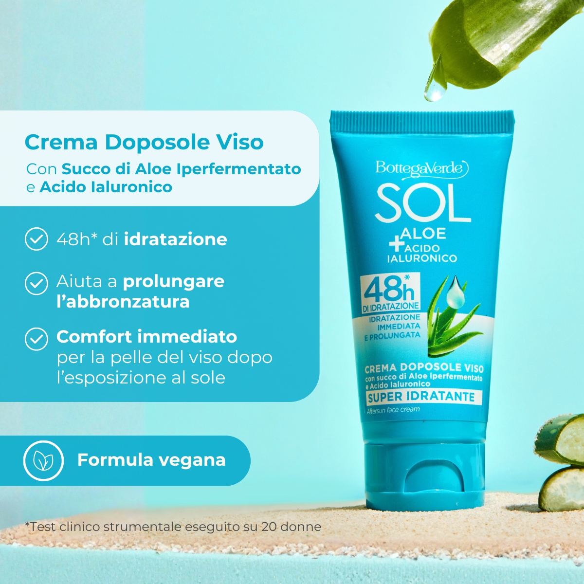 SOL Aloe Acido Ialuronico - Crema doposole viso - super idratante - con succo di Aloe iperfermentato e Acido Ialuronico - 48h* di idratazione - idratazione immediata e prolungata