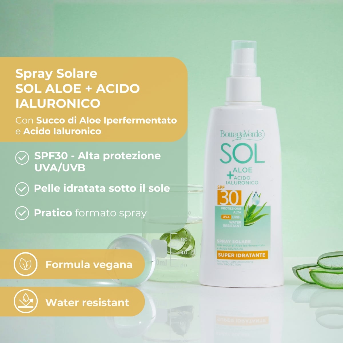 SOL Aloe Acido Ialuronico - Spray solare - super idratante - con succo di Aloe iperfermentato e Acido Ialuronico - protezione alta SPF30  - water resistant
