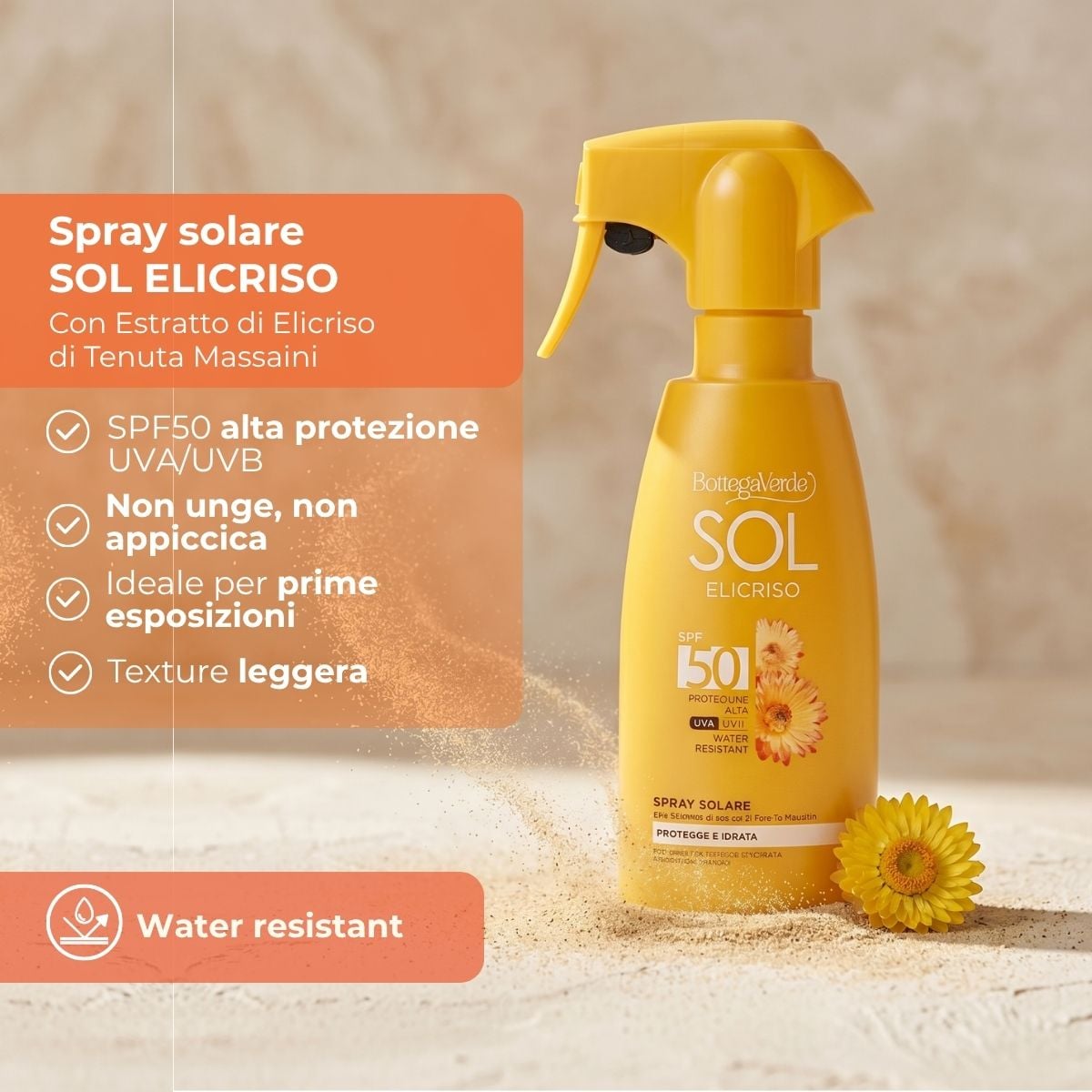 SOL Elicriso - Spray solare - protegge e idrata - con estratto di Elicriso Tenutra Massaini - protezione alta SPF50 - water resistant