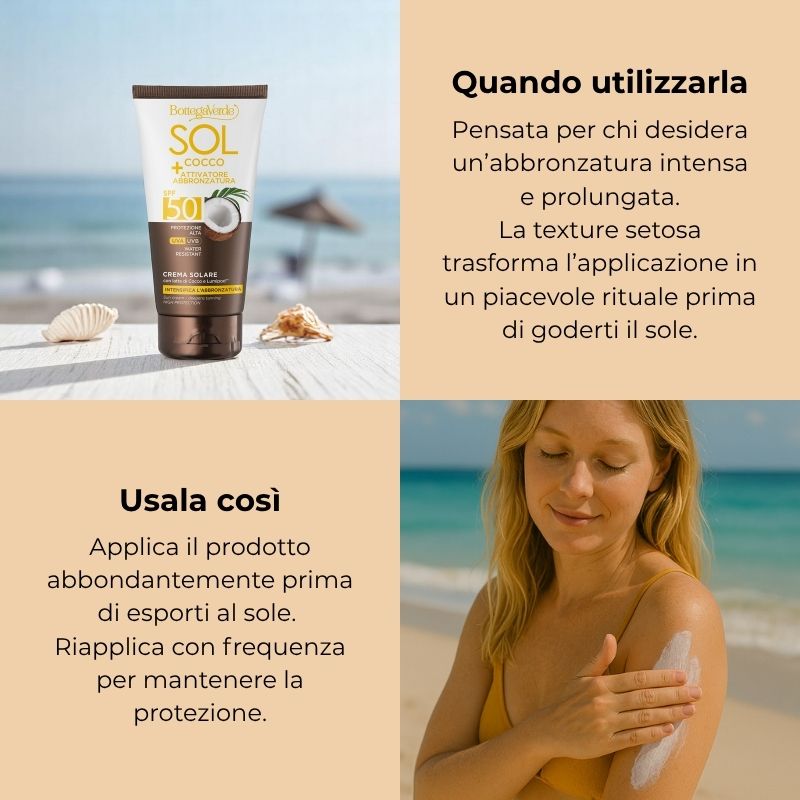 SOL Cocco + Attivatore di abbronzatura - Crema solare- intensifica l'abbronzatura - con latte di Cocco e Lumipod<TM/> - water resistant - protezione alta SPF50