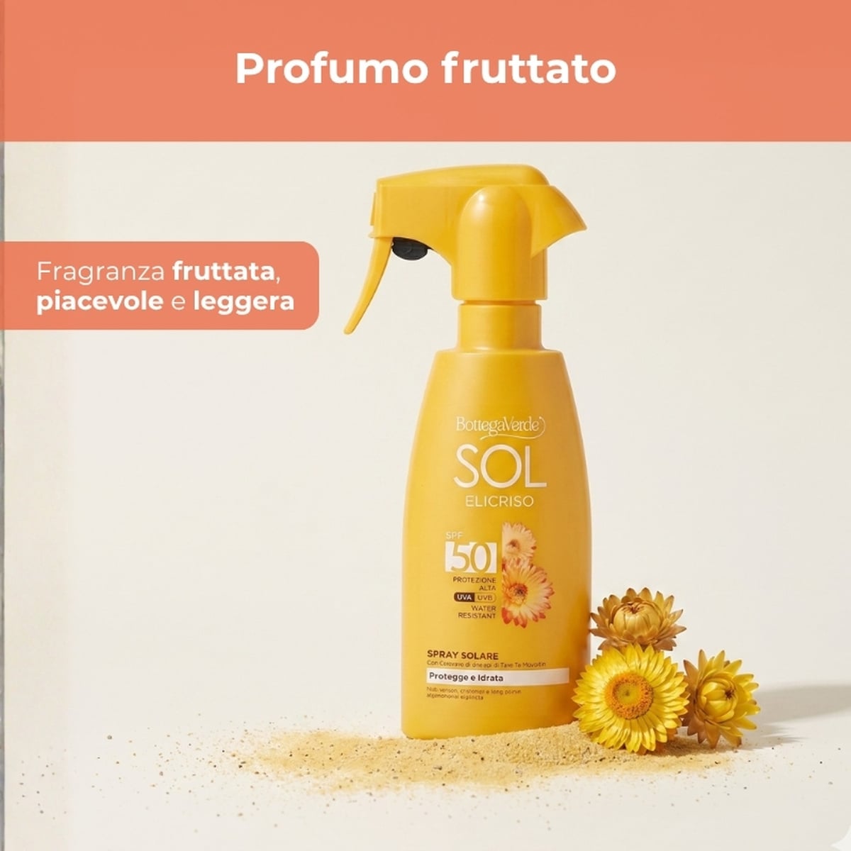 SOL Elicriso - Spray solare - protegge e idrata - con estratto di Elicriso Tenutra Massaini - protezione alta SPF50 - water resistant