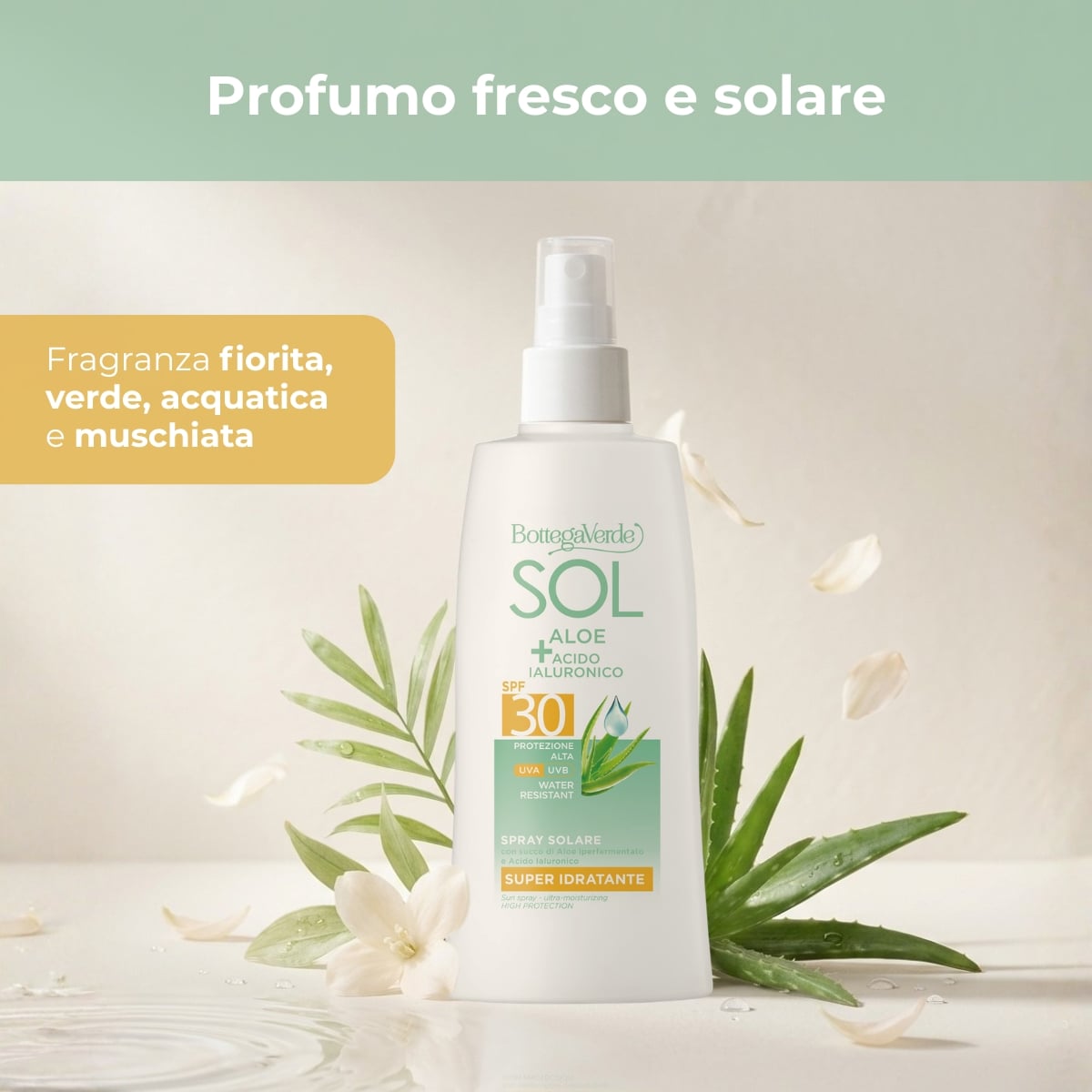 SOL Aloe Acido Ialuronico - Spray solare - super idratante - con succo di Aloe iperfermentato e Acido Ialuronico - protezione alta SPF30  - water resistant