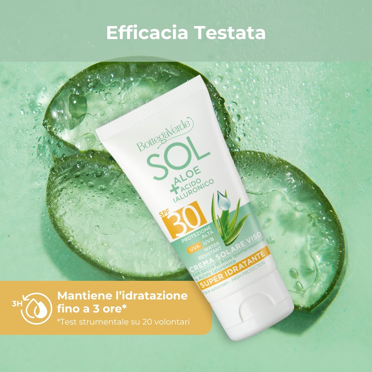 SOL Aloe Acido Ialuronico - Crema solare viso - super idratante - con succo di Aloe iperfermentato e Acido Ialuronico - protezione alta SPF30 - water resistant