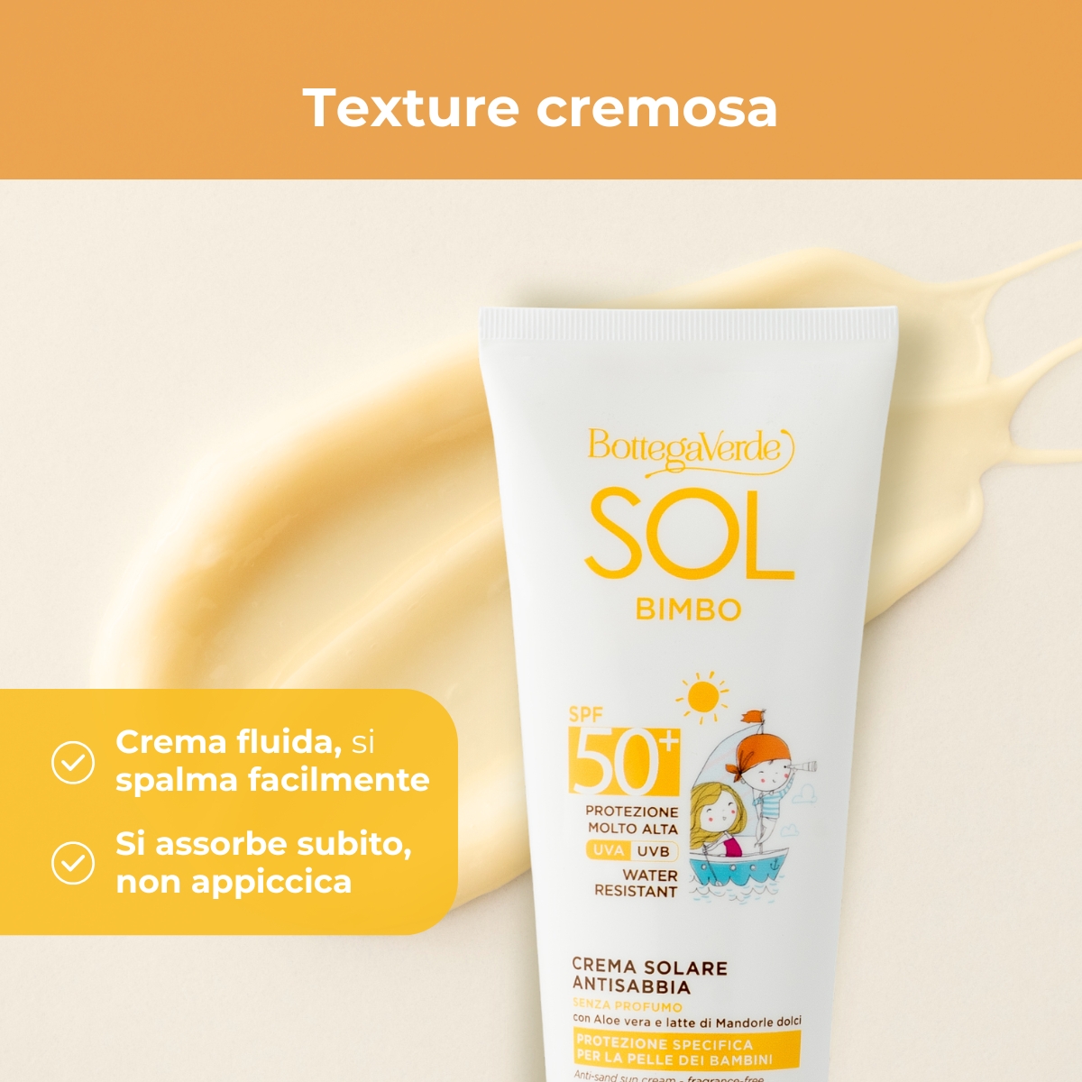SOL bimbo - Crema solare - antisabbia, resistente all'acqua - senza profumo - con Aloe vera e latte di Mandorle dolci - protezione molto alta SPF50+  - water resistant - protezione specifica per la pelle dei bambini