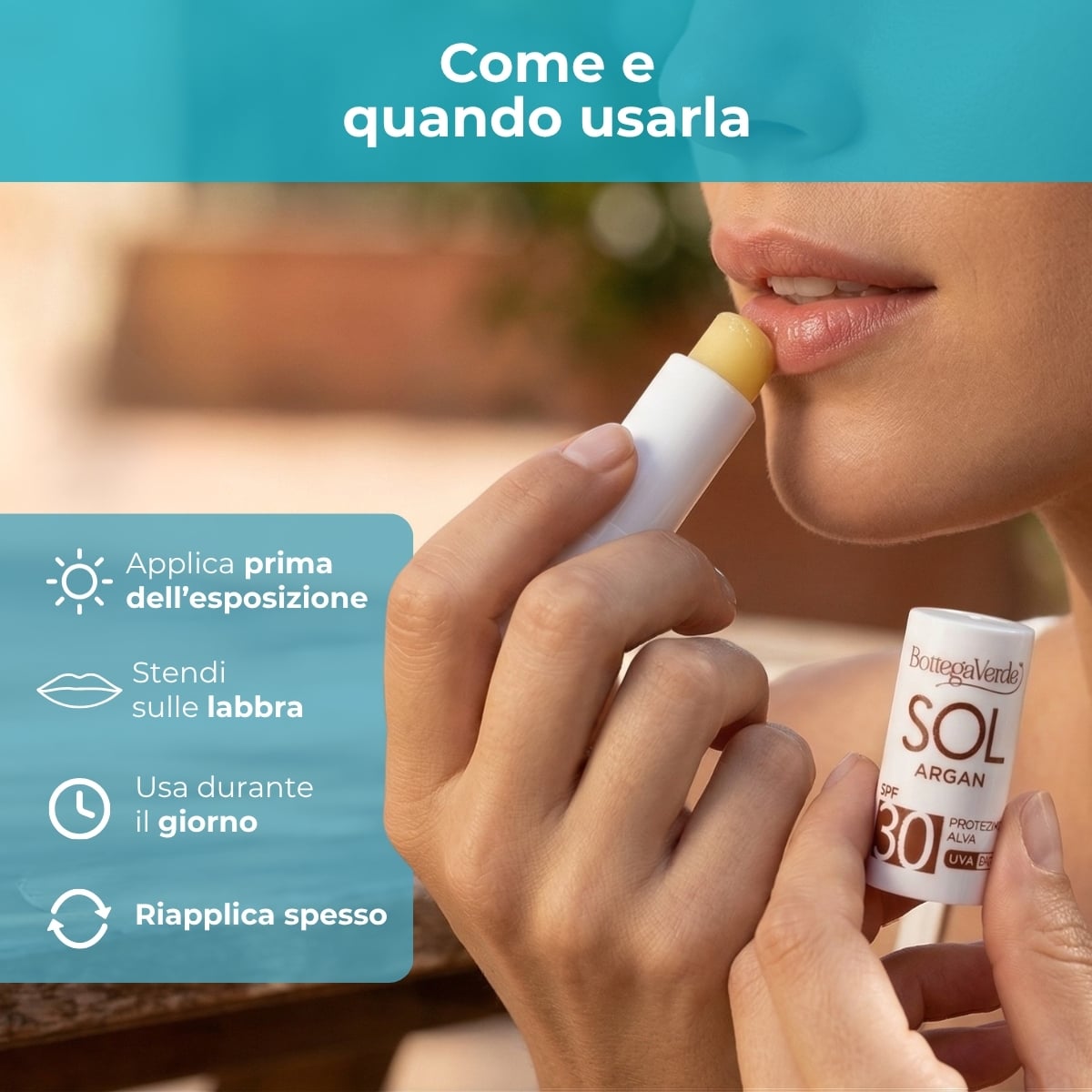 SOL Argan - Stick solare labbra  - nutre e protegge  - con olio di Argan e Vitamina E - protezione alta SPF30 - water resistant
