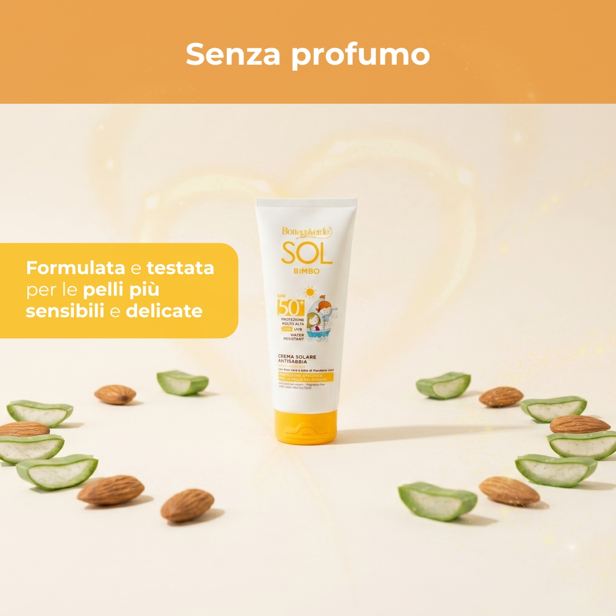 SOL bimbo - Crema solare - antisabbia, resistente all'acqua - senza profumo - con Aloe vera e latte di Mandorle dolci - protezione molto alta SPF50+  - water resistant - protezione specifica per la pelle dei bambini