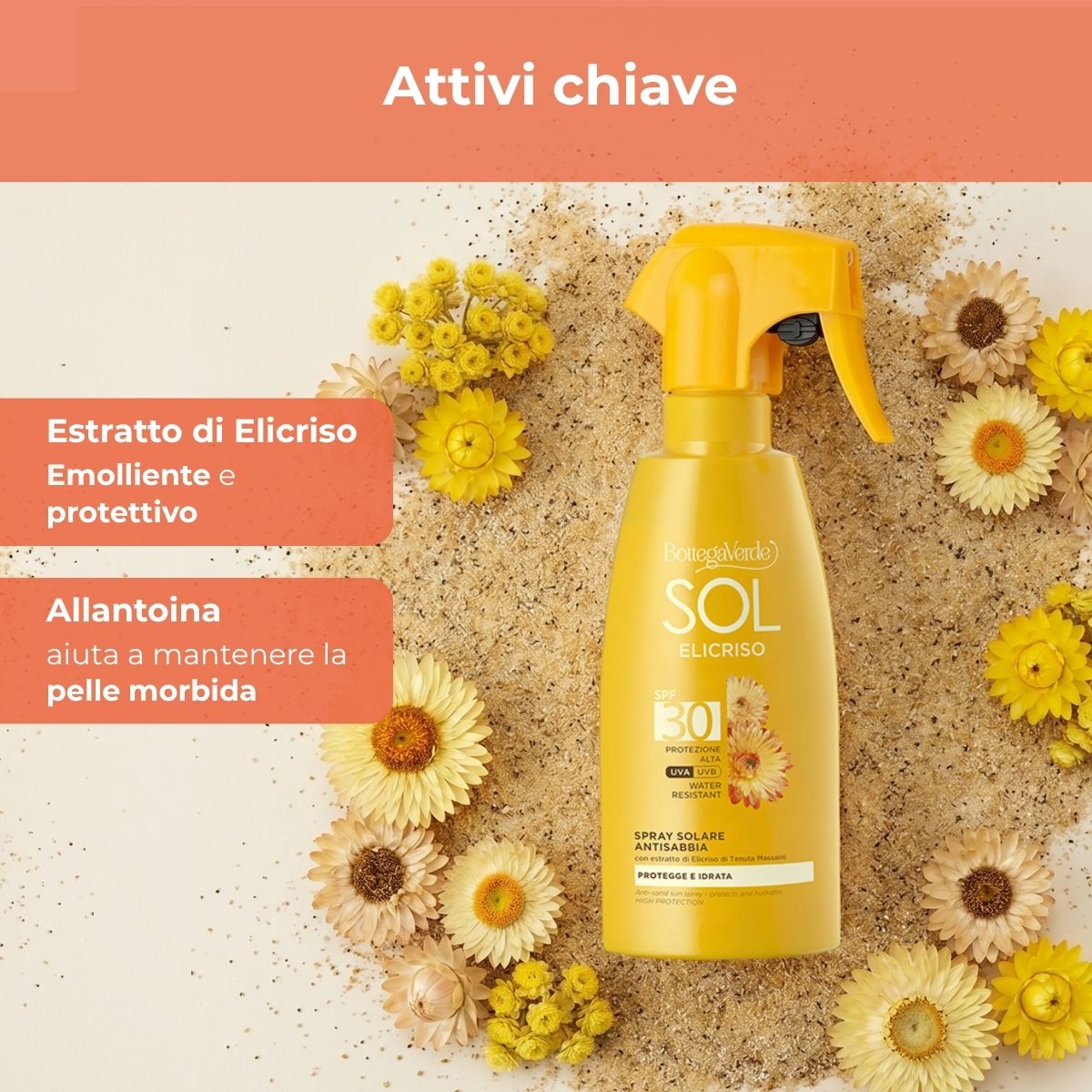 SOL Elicriso - Spray solare antisabbia - protegge e idrata - con estratto di Elicriso di Tenuta Massaini - SPF30 protezione alta - water resistant