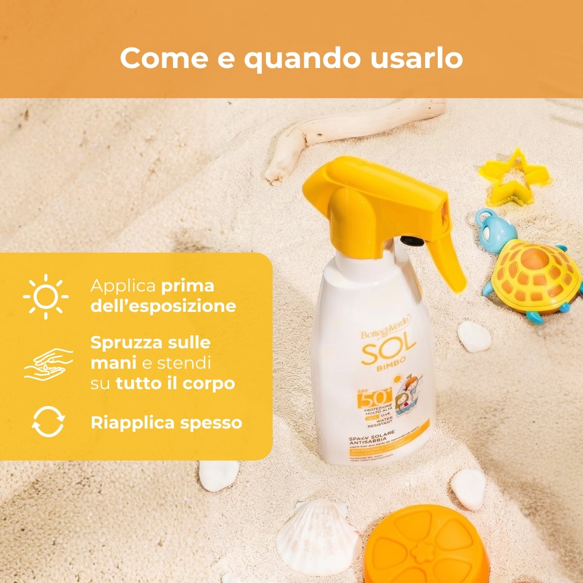 SOL bimbo - Spray solare - antisabbia, resistente all'acqua - con Aloe vera e latte di Mandorle dolci - protezione molto alta SPF50+ (250 ml) - protezione specifica per la pelle dei bambini