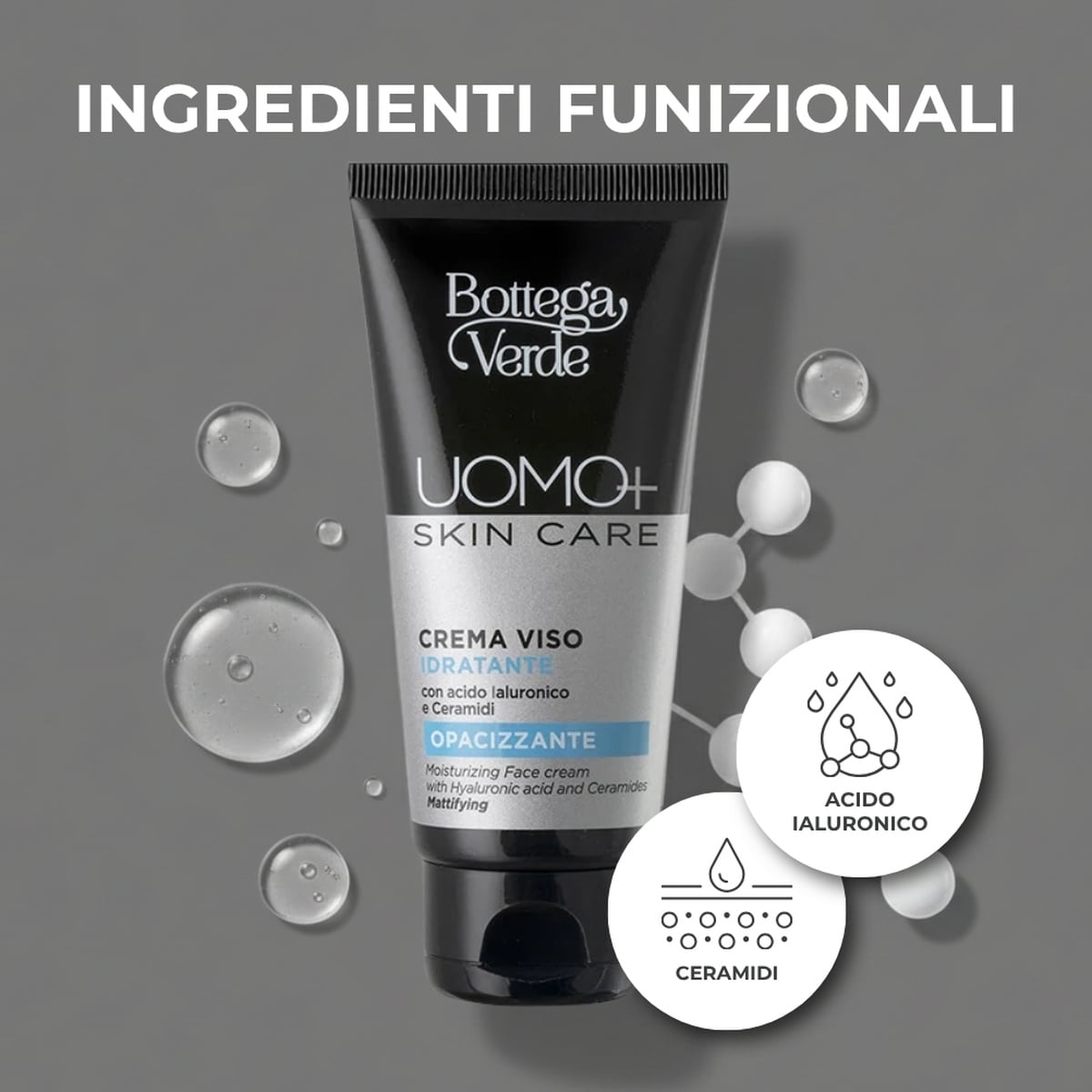 UOMO+ skincare - Crema viso - idratante opacizzante - con acido Ialuronico e Ceramidi
