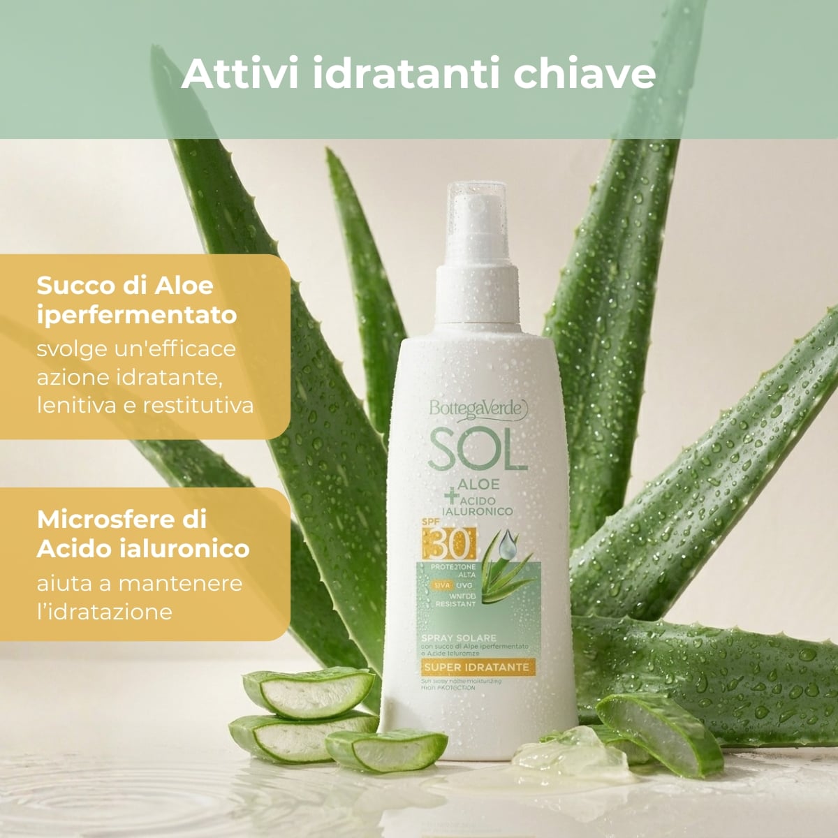 SOL Aloe Acido Ialuronico - Spray solare - super idratante - con succo di Aloe iperfermentato e Acido Ialuronico - protezione alta SPF30  - water resistant