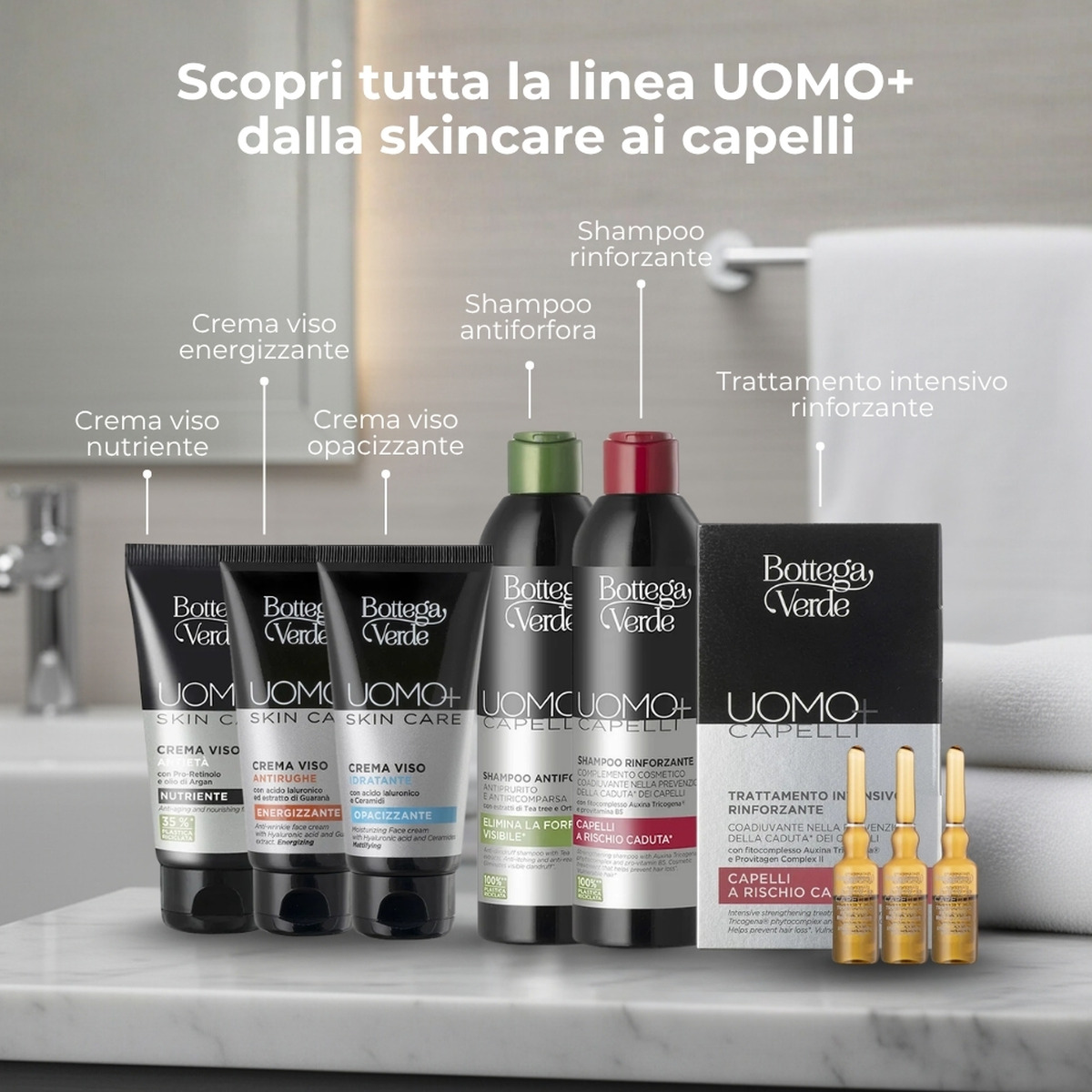UOMO+ skincare - Crema viso - antirughe energizzante - con acido Ialuronico ed estratto di Guaran&agrave;