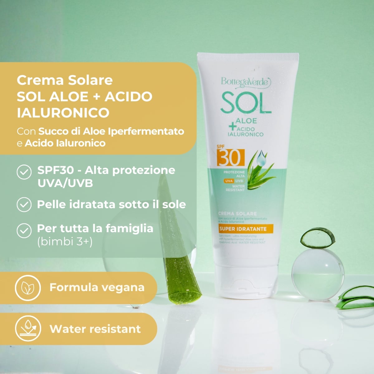 SOL Aloe Acido Ialuronico - Crema solare - super idratante - con succo di Aloe iperfermentato e Acido Ialuronico - protezione alta SPF30 - water resistant