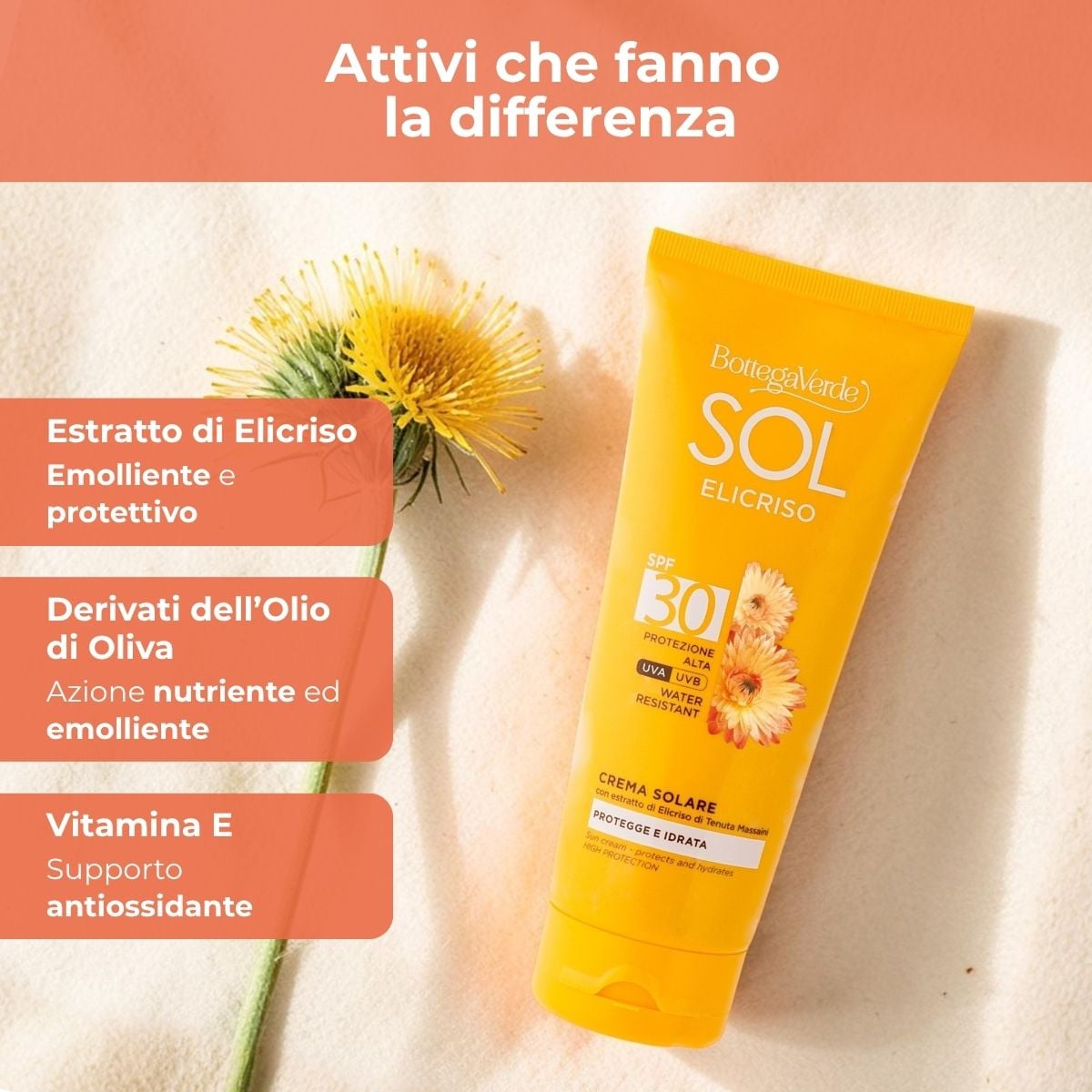SOL Elicriso - Crema solare - protegge e idrata - con estratto di Elicriso di Tenuta Massaini - protezione alta SPF30 - water resistant