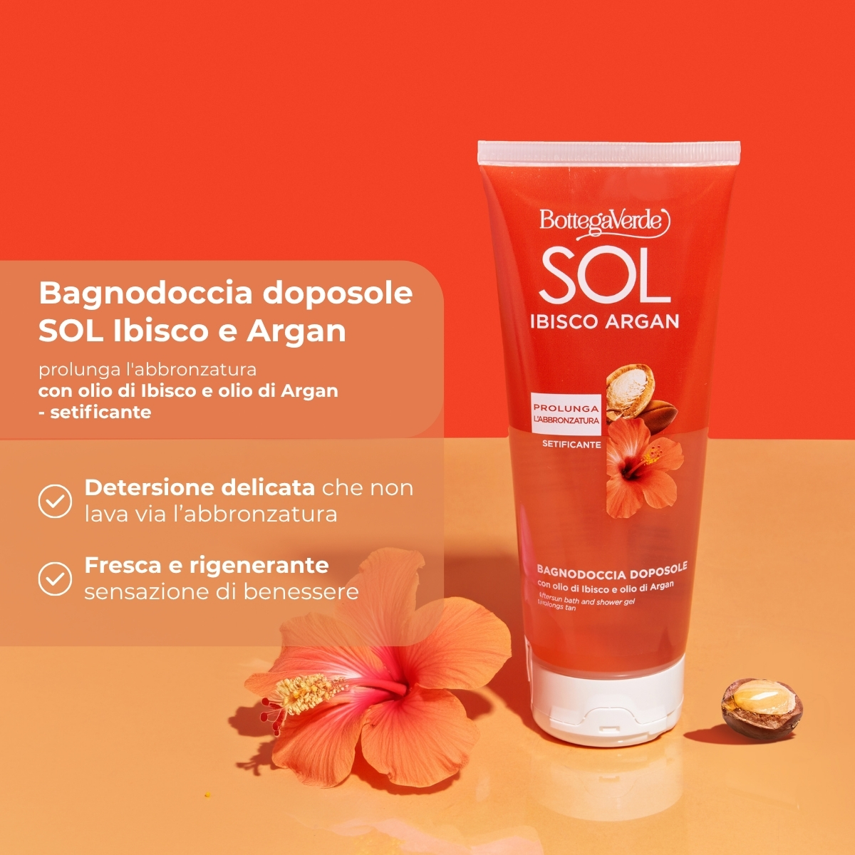 SOL Ibisco Argan - Bagnodoccia doposole - setificante - con olio di Ibisco e olio di Argan - prolunga l'abbronzatura