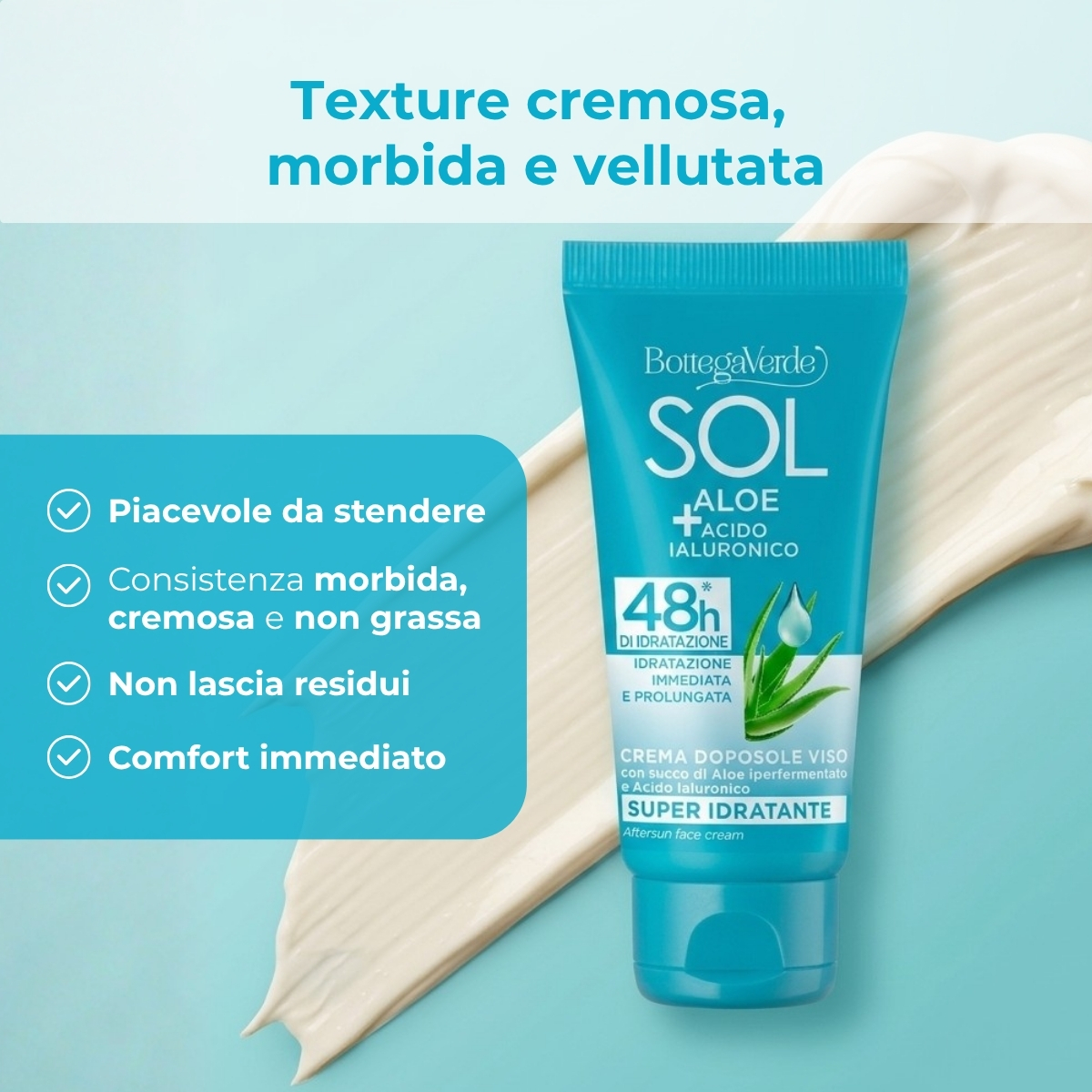 SOL Aloe Acido Ialuronico - Crema doposole viso - super idratante - con succo di Aloe iperfermentato e Acido Ialuronico - 48h* di idratazione - idratazione immediata e prolungata