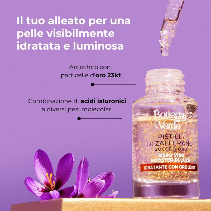 Pistilli di Zafferano - Gocce d'Oro - Siero viso booster di luce - idratante con oro 23 KT - con estratto iperfermentato di Zafferano e Hyaluron complex
