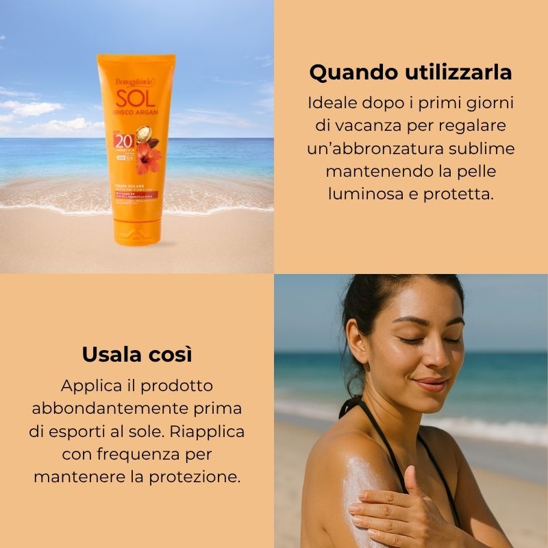 SOL Ibisco Argan - Crema solare - protegge ed esalta l'abbronzatura - con olio di Ibisco e olio di Argan - protezione media SPF20