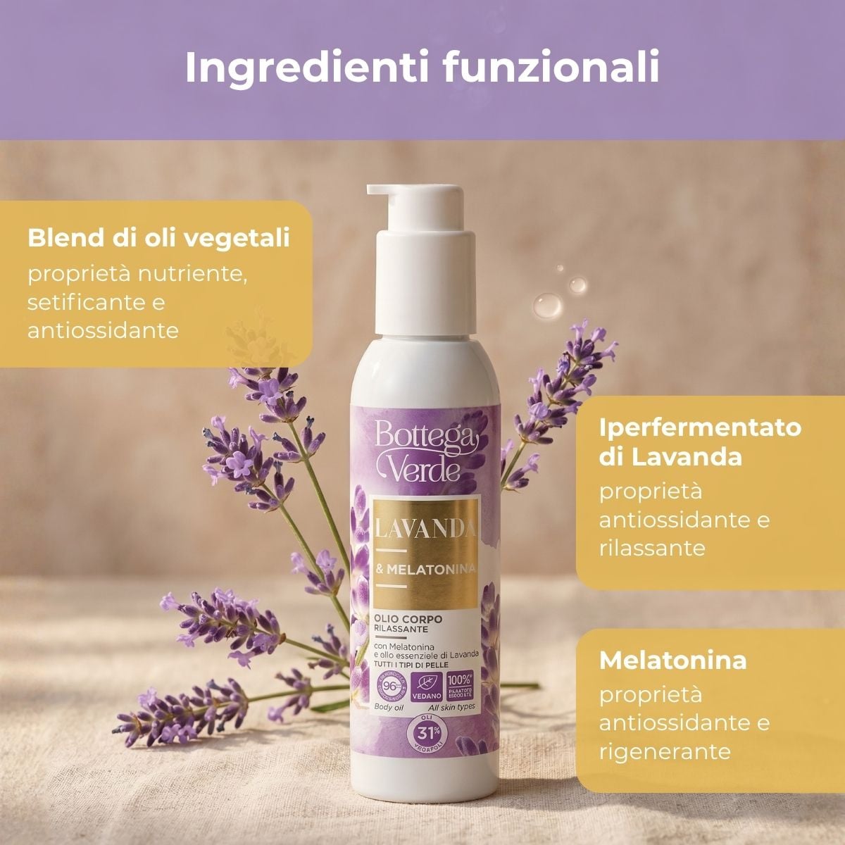 Lavanda Melatonina - Olio corpo rilassante - con Melatonina e olio essenziale di Lavanda - per tutti i tipi di pelle